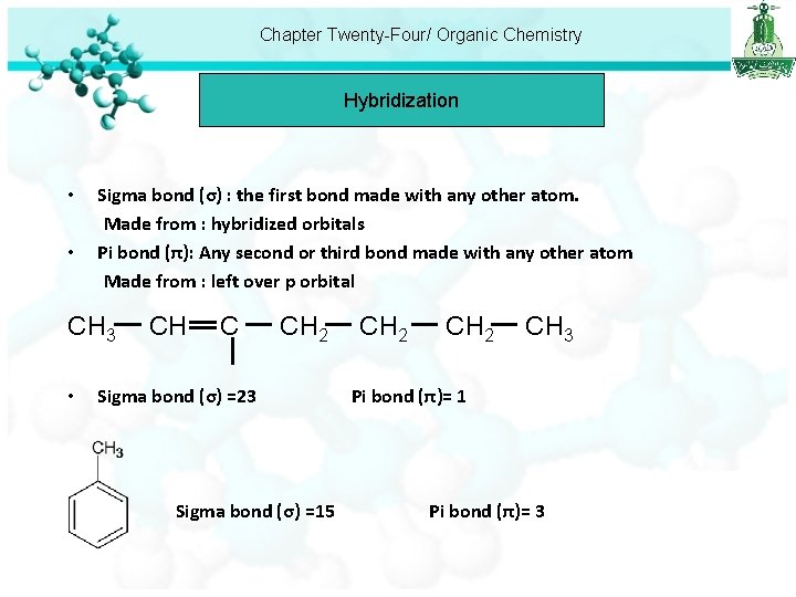 Chapter Twenty-Four/ Organic Chemistry Hybridization • • Sigma bond (σ) : the first bond