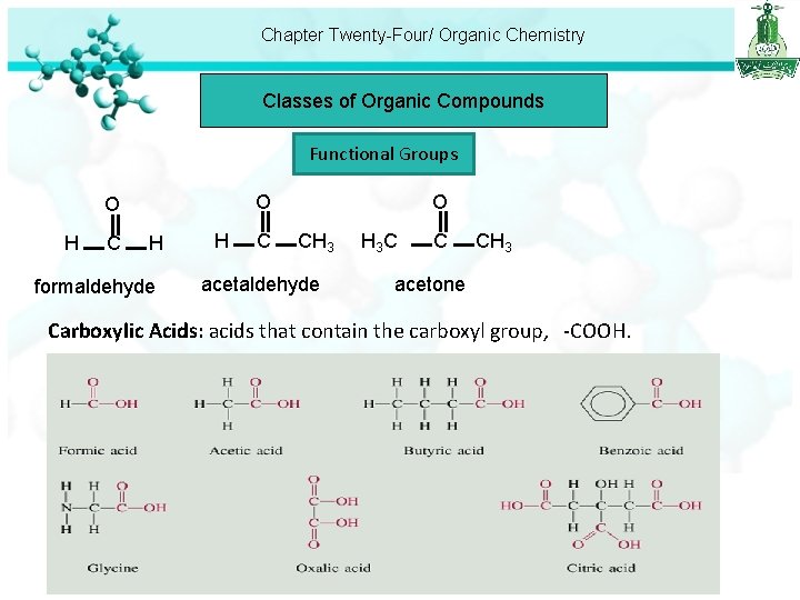 Chapter Twenty-Four/ Organic Chemistry Classes of Organic Compounds Functional Groups H C O O