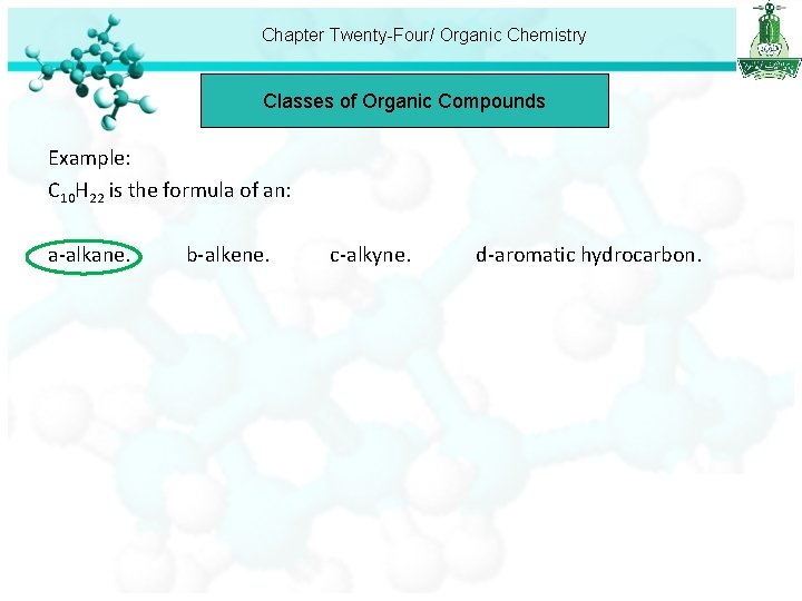 Chapter Twenty-Four/ Organic Chemistry Classes of Organic Compounds Example: C 10 H 22 is