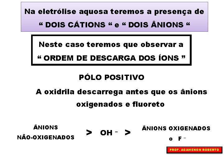 Na eletrólise aquosa teremos a presença de “ DOIS CÁTIONS “ e “ DOIS