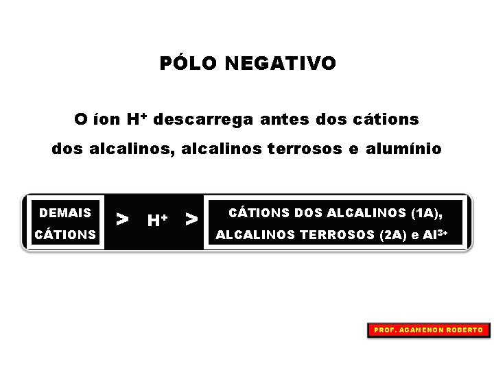 PÓLO NEGATIVO O íon H+ descarrega antes dos cátions dos alcalinos, alcalinos terrosos e