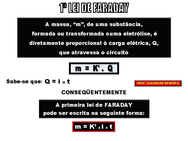 A massa, “m”, de uma substância, formada ou transformada numa eletrólise, é diretamente proporcional