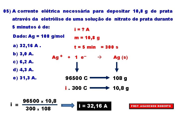 05) A corrente elétrica necessária para depositar 10, 8 g de prata através da