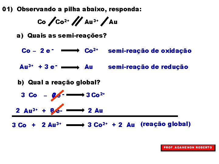 01) Observando a pilha abaixo, responda: Co Co 2+ Au 3+ Au a) Quais