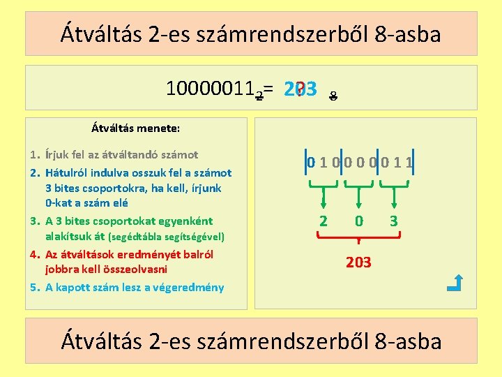 Átváltás 2 -es számrendszerből 8 -asba 100000112= 203 ? 8 Átváltás menete: 1. Írjuk