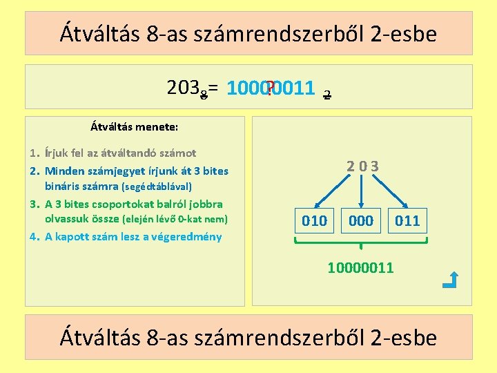 Átváltás 8 -as számrendszerből 2 -esbe 2038= 10000011 ? 2 Átváltás menete: 1. Írjuk