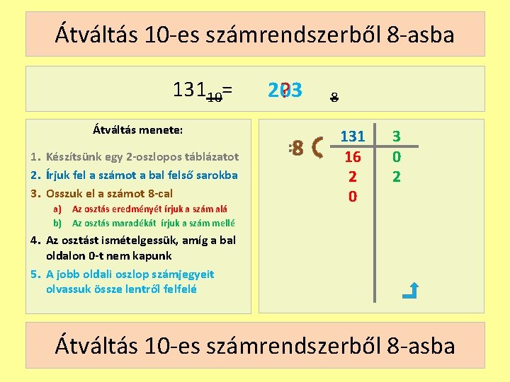 Átváltás 10 -es számrendszerből 8 -asba 13110= Átváltás menete: 1. Készítsünk egy 2 -oszlopos