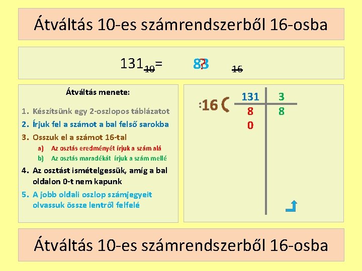 Átváltás 10 -es számrendszerből 16 -osba 13110= Átváltás menete: 1. Készítsünk egy 2 -oszlopos