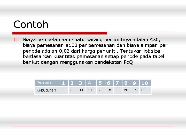Contoh o Biaya pembelanjaan suatu barang per unitnya adalah $50, biaya pemesanan $100 per