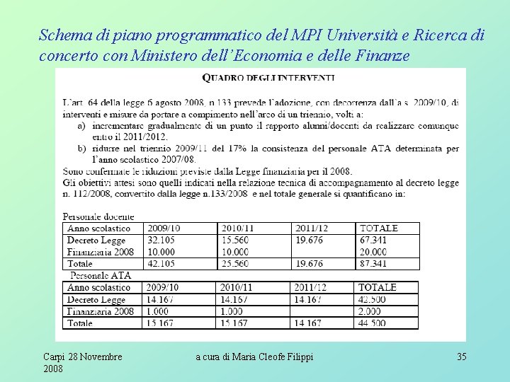 Schema di piano programmatico del MPI Università e Ricerca di concerto con Ministero dell’Economia