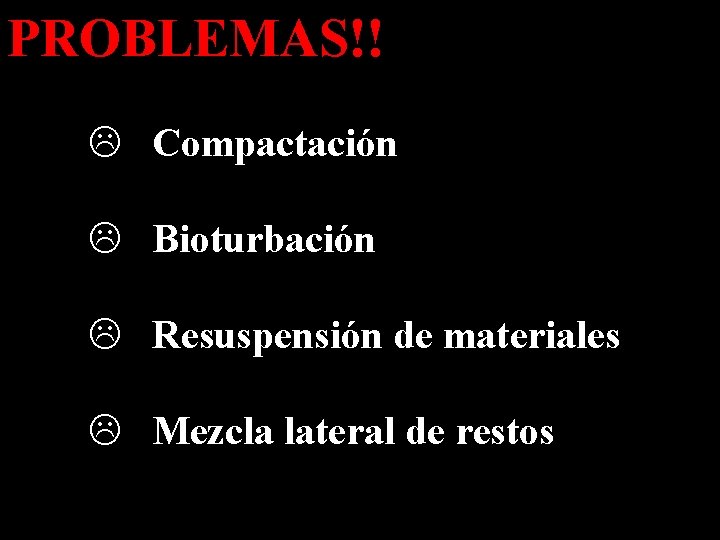 PROBLEMAS!! L Compactación L Bioturbación L Resuspensión de materiales L Mezcla lateral de restos