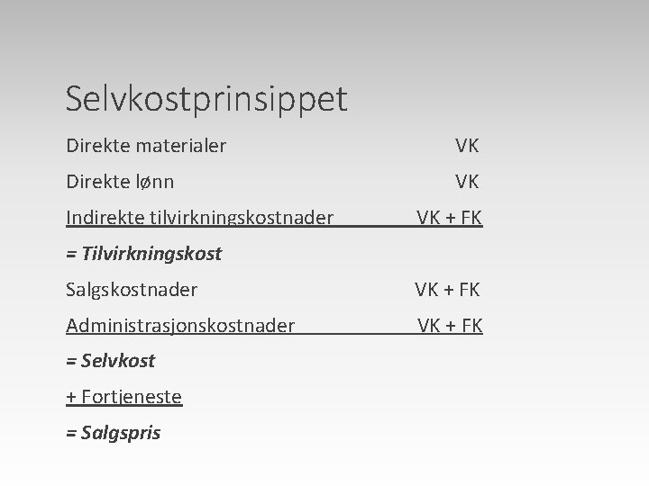 Selvkostprinsippet Direkte materialer VK Direkte lønn VK Indirekte tilvirkningskostnader VK + FK = Tilvirkningskost