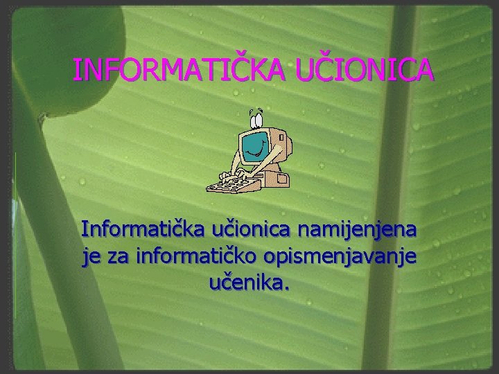 INFORMATIČKA UČIONICA Informatička učionica namijenjena je za informatičko opismenjavanje učenika. 