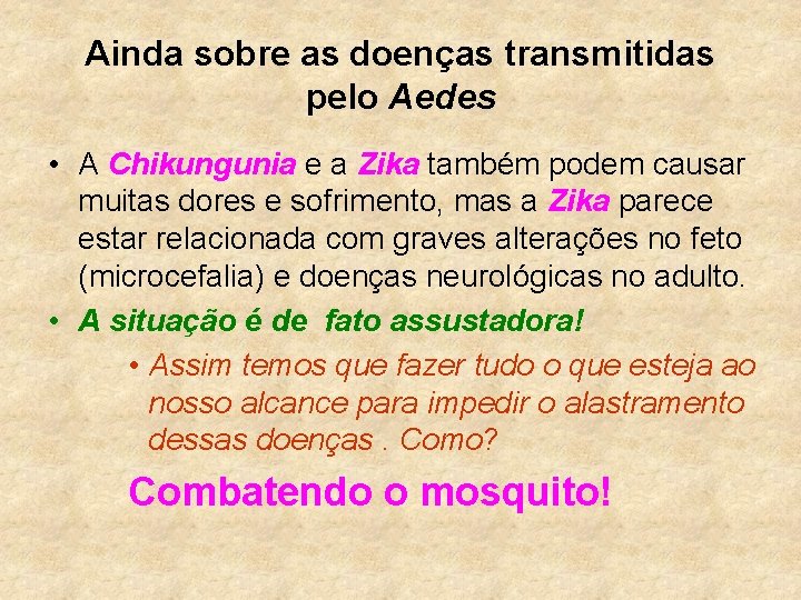 Ainda sobre as doenças transmitidas pelo Aedes • A Chikungunia e a Zika também