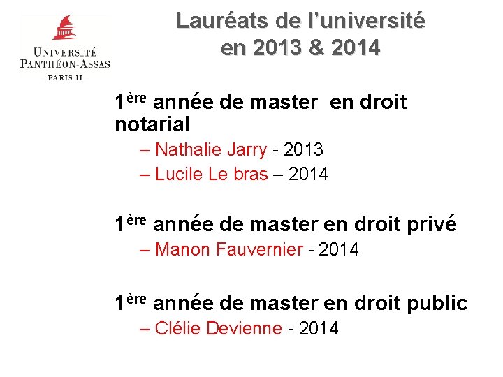 Lauréats de l’université en 2013 & 2014 1ère année de master en droit notarial