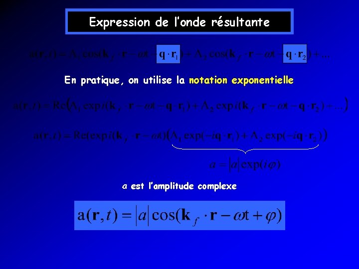Expression de l’onde résultante En pratique, on utilise la notation exponentielle a est l’amplitude Expression de l’onde résultante En pratique, on utilise la notation exponentielle a est l’amplitude