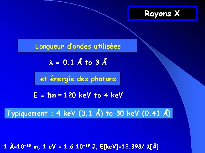 Rayons X Longueur d’ondes utilisées l = 0. 1 Å to 3 Å et Rayons X Longueur d’ondes utilisées l = 0. 1 Å to 3 Å et