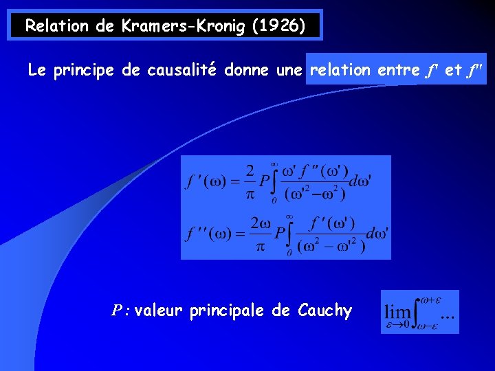Relation de Kramers-Kronig (1926) Le principe de causalité donne une relation entre f' et Relation de Kramers-Kronig (1926) Le principe de causalité donne une relation entre f' et