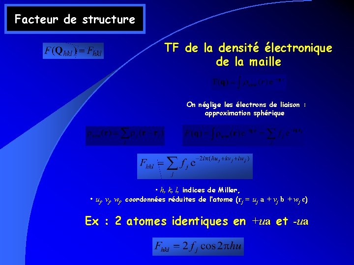 Facteur de structure TF de la densité électronique de la maille On néglige les Facteur de structure TF de la densité électronique de la maille On néglige les