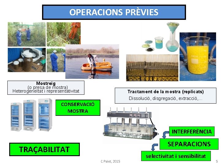 OPERACIONS PRÈVIES Mostreig (o presa de mostra) Heterogeneïtat i representativitat Tractament de la mostra