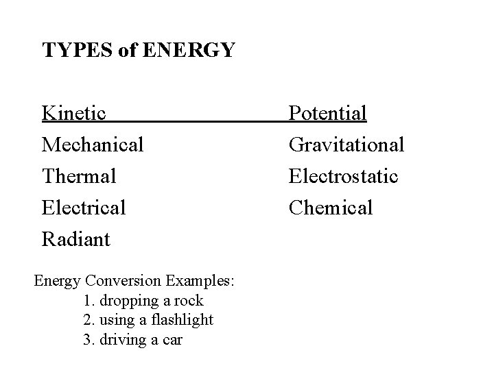 TYPES of ENERGY Kinetic Mechanical Thermal Electrical Radiant Energy Conversion Examples: 1. dropping a