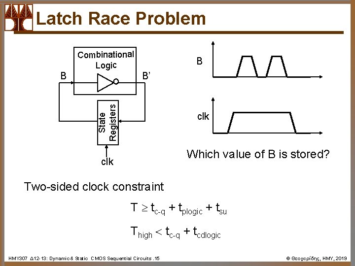 Latch Race Problem Combinational Logic B’ State Registers B B clk Which value of