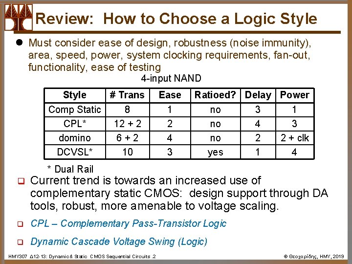 Review: How to Choose a Logic Style l Must consider ease of design, robustness
