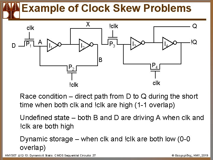 Example of Clock Skew Problems X clk D P 1 A I 1 !clk