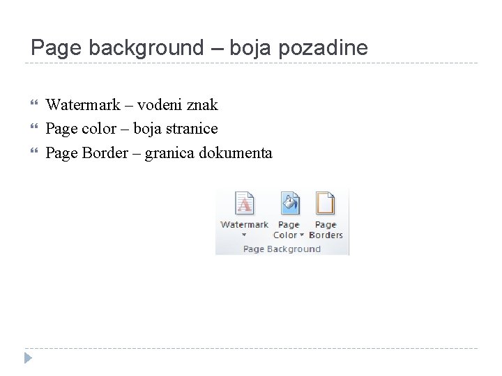 Page background – boja pozadine Watermark – vodeni znak Page color – boja stranice