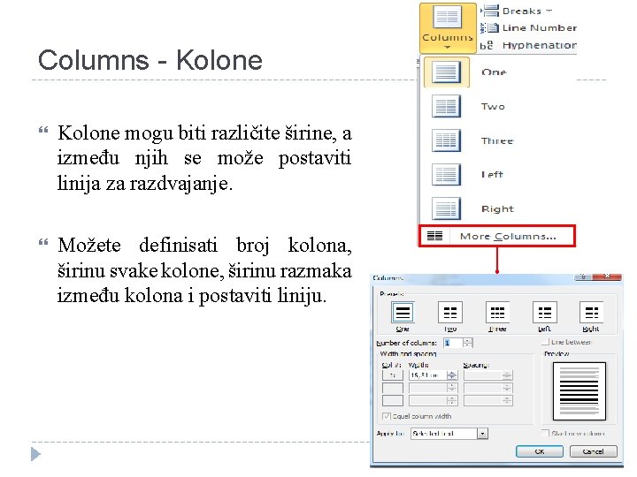 Columns - Kolone mogu biti različite širine, a između njih se može postaviti linija