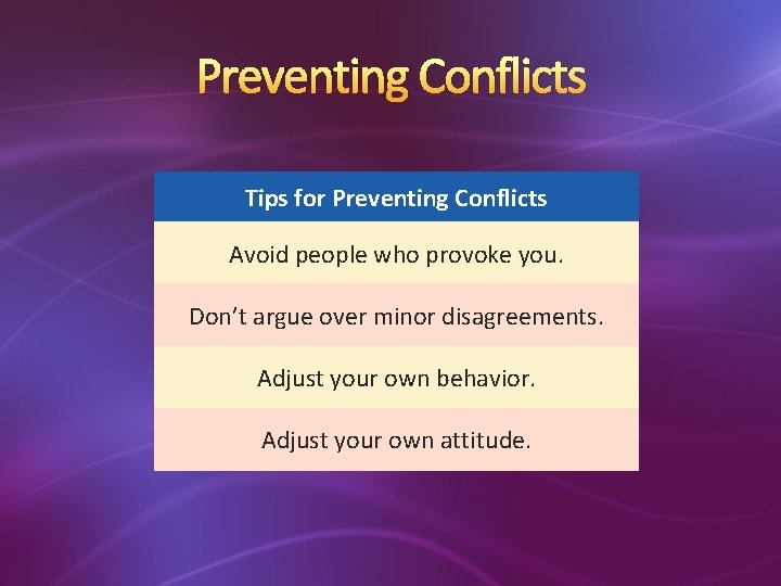 Preventing Conflicts Tips for Preventing Conflicts Avoid people who provoke you. Don’t argue over