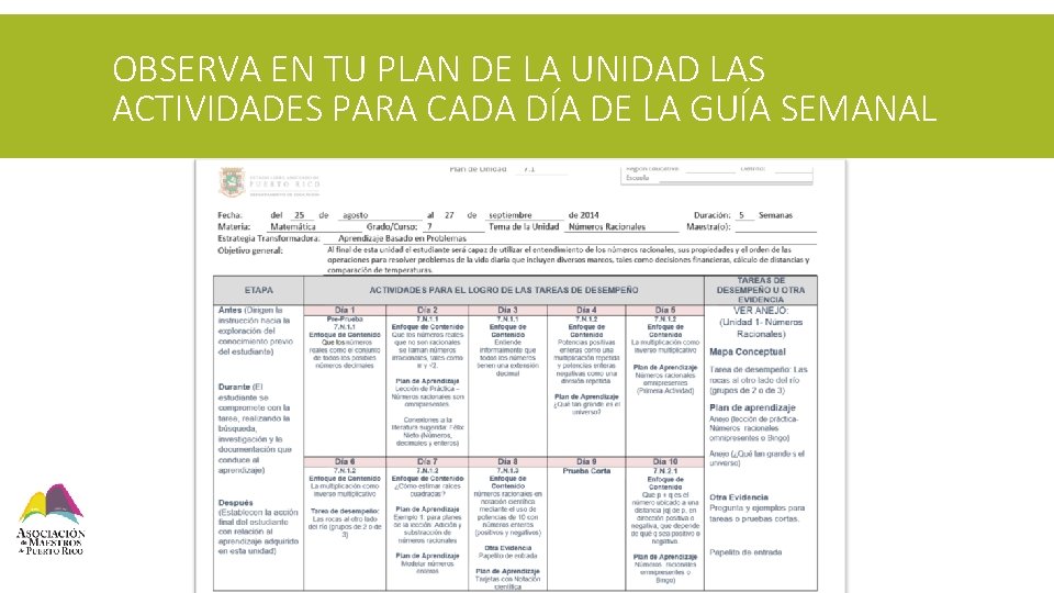 OBSERVA EN TU PLAN DE LA UNIDAD LAS ACTIVIDADES PARA CADA DÍA DE LA