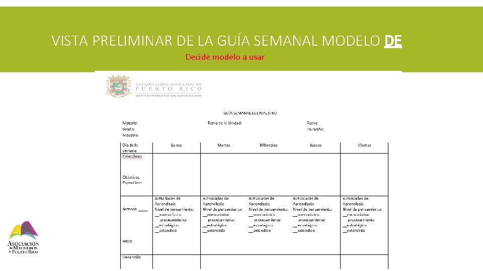 VISTA PRELIMINAR DE LA GUÍA SEMANAL MODELO DE Decide modelo a usar 