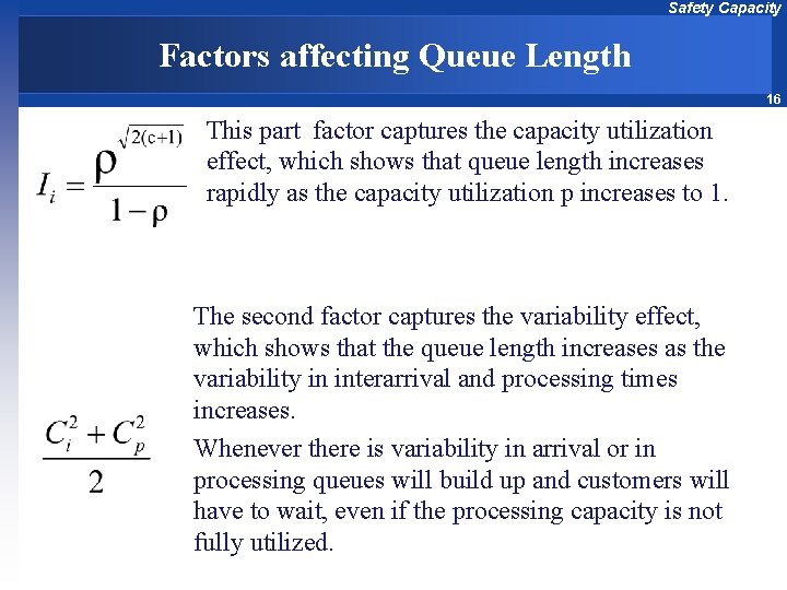 Safety Capacity Factors affecting Queue Length 16 This part factor captures the capacity utilization