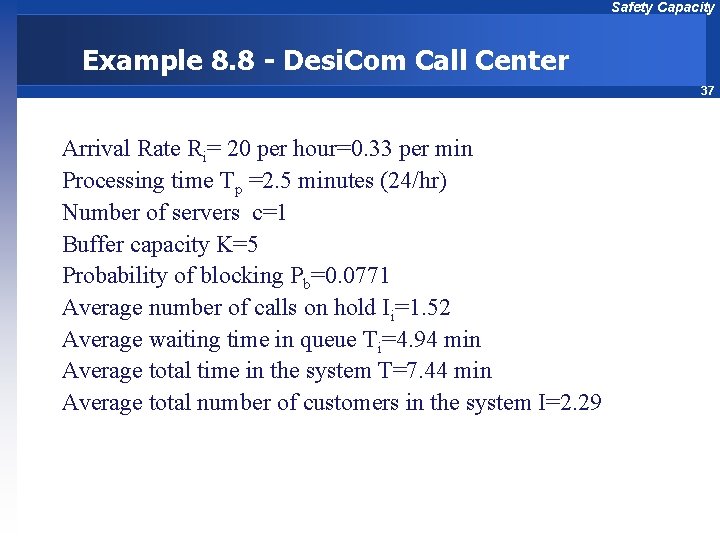 Safety Capacity Example 8. 8 - Desi. Com Call Center 37 Arrival Rate Ri=