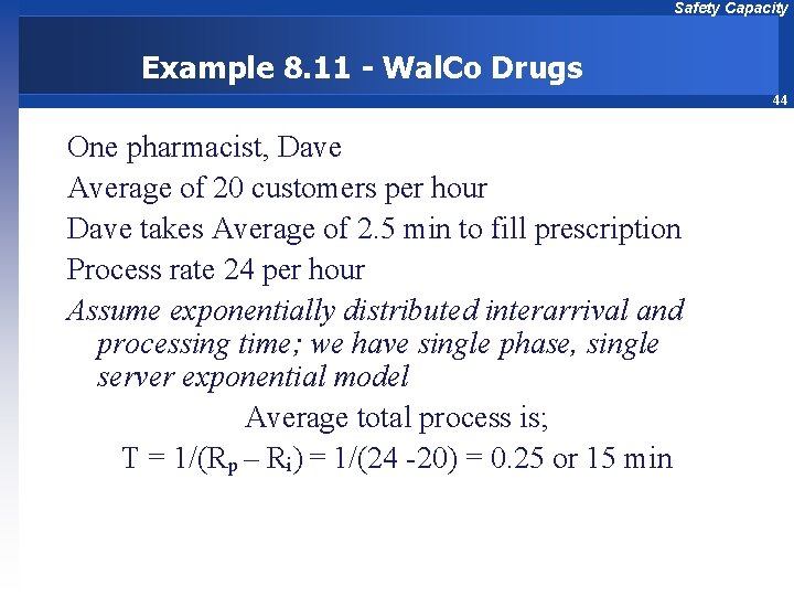 Safety Capacity Example 8. 11 - Wal. Co Drugs 44 One pharmacist, Dave Average