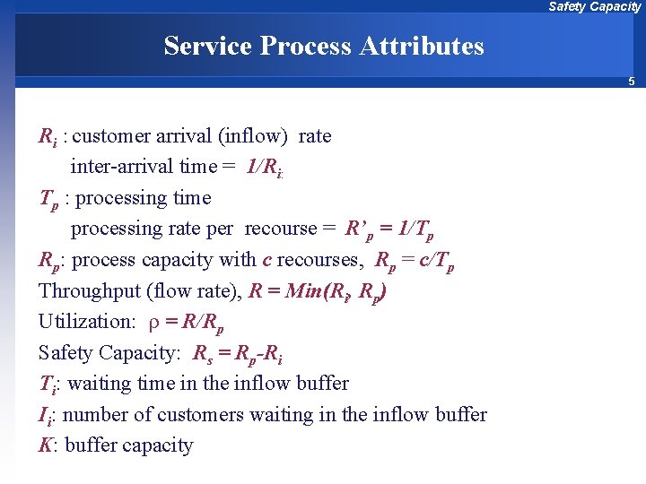 Safety Capacity Service Process Attributes 5 Ri : customer arrival (inflow) rate inter-arrival time