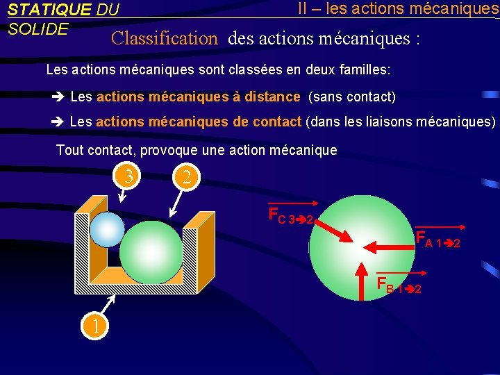 II – les actions mécaniques STATIQUE DU SOLIDE Classification des actions mécaniques : Les