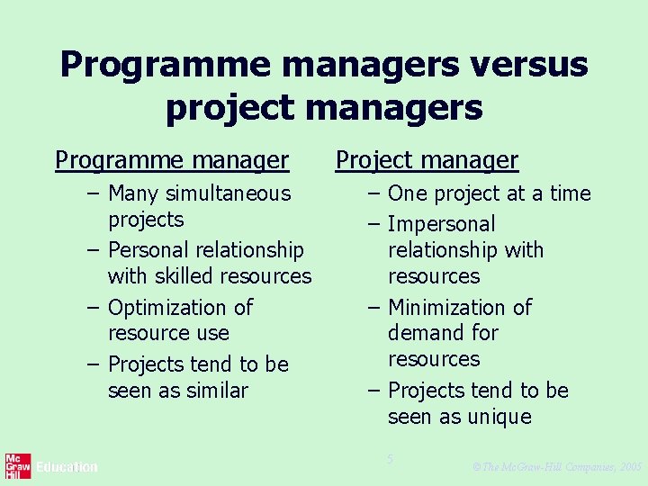Programme managers versus project managers Programme manager – Many simultaneous projects – Personal relationship