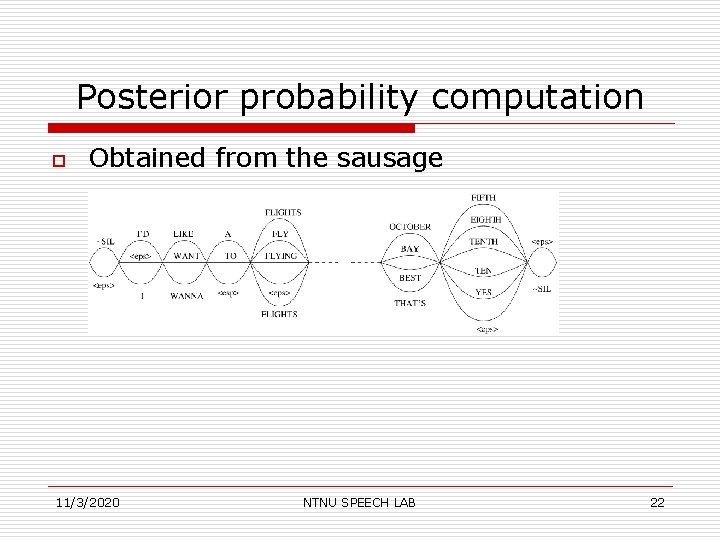 Posterior probability computation o Obtained from the sausage 11/3/2020 NTNU SPEECH LAB 22 