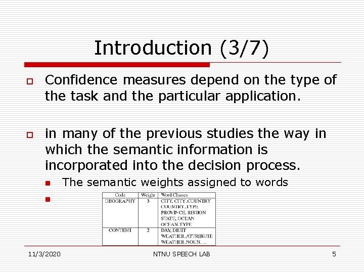 Introduction (3/7) o o Confidence measures depend on the type of the task and