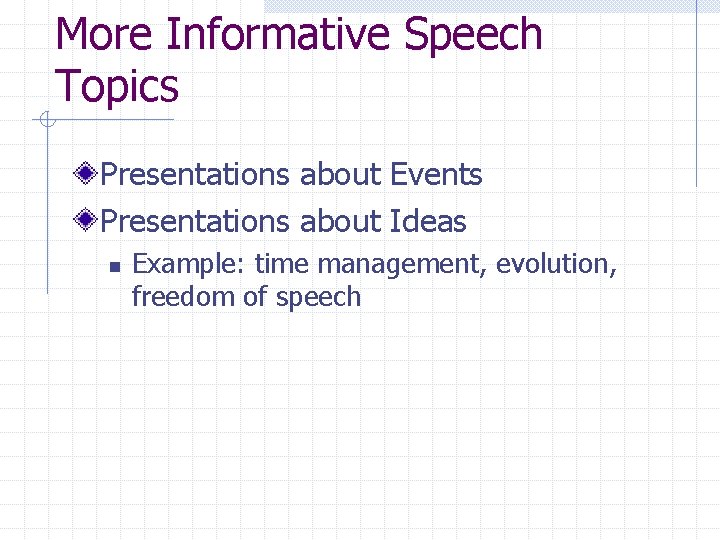 More Informative Speech Topics Presentations about Events Presentations about Ideas n Example: time management,