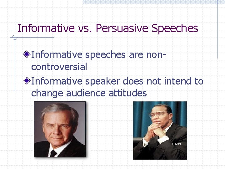 Informative vs. Persuasive Speeches Informative speeches are noncontroversial Informative speaker does not intend to