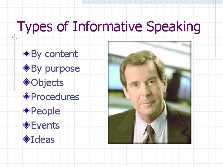 Types of Informative Speaking By content By purpose Objects Procedures People Events Ideas 