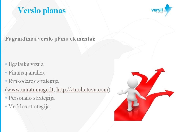 Verslo planas Pagrindiniai verslo plano elementai: • Ilgalaikė vizija • Finansų analizė • Rinkodaros