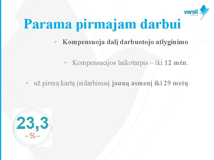 Parama pirmajam darbui • Kompensuoja dalį darbuotojo atlyginimo • Kompensacijos laikotarpis – iki 12