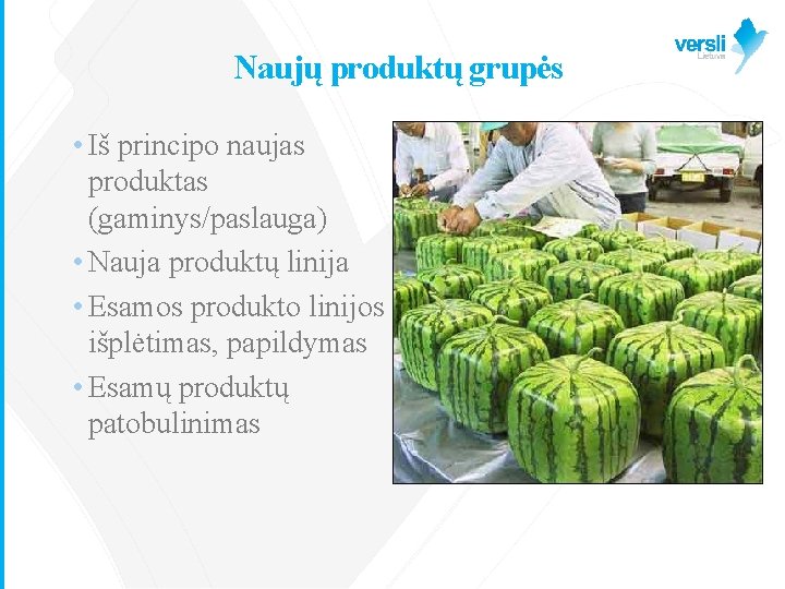 Naujų produktų grupės • Iš principo naujas produktas (gaminys/paslauga) • Nauja produktų linija •