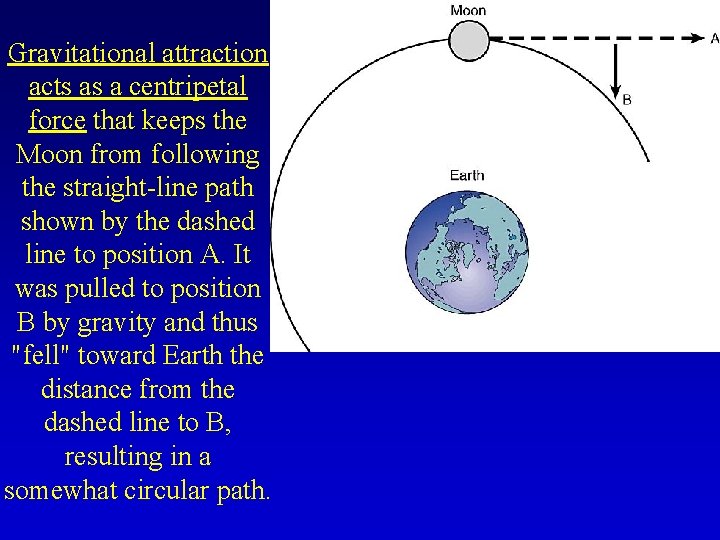 Gravitational attraction acts as a centripetal force that keeps the Moon from following the