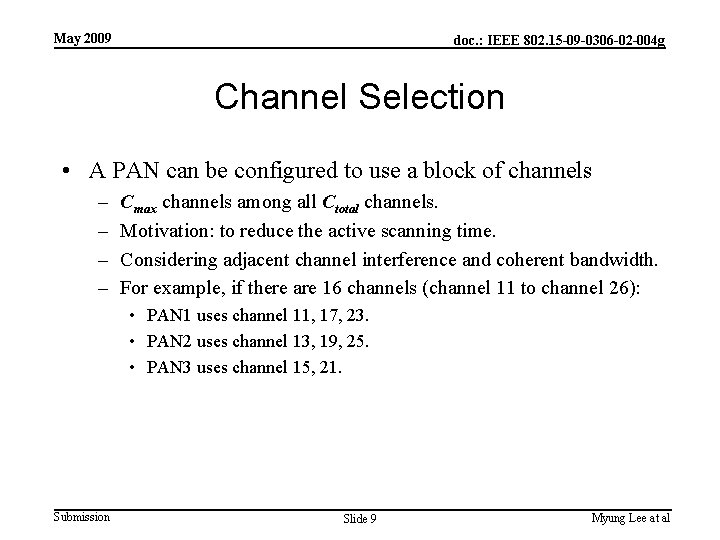 May 2009 doc. : IEEE 802. 15 -09 -0306 -02 -004 g Channel Selection