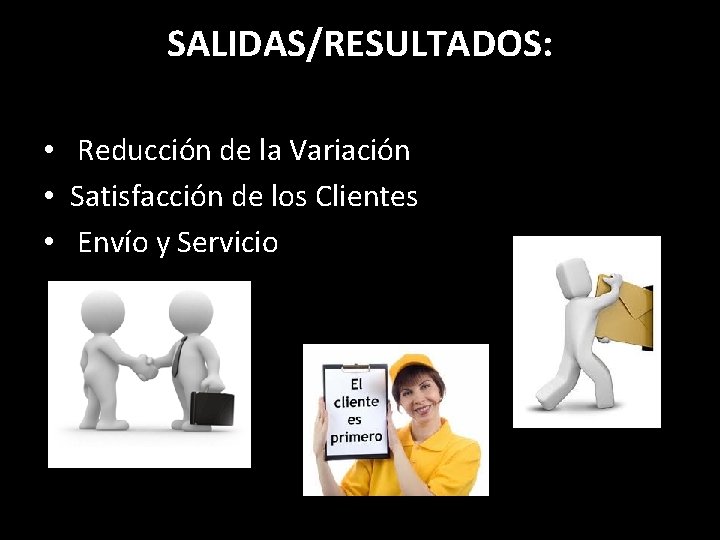 SALIDAS/RESULTADOS: • Reducción de la Variación • Satisfacción de los Clientes • Envío y